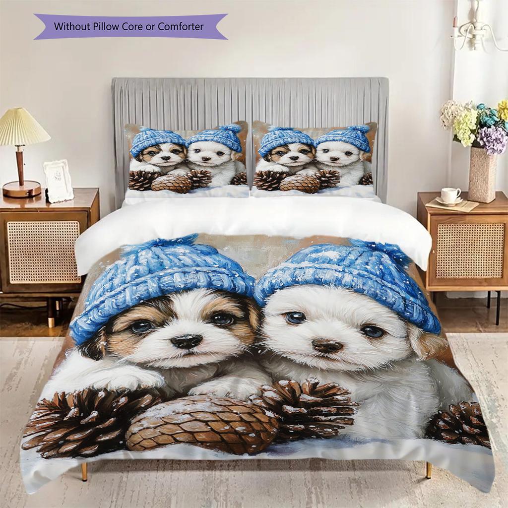 Puppy Pattern Bedding Quilt Set Quilt Cover Pillowcase Home Decoration Birthday Gift (1 * duvet cover + 2 * pillowcase, without core)