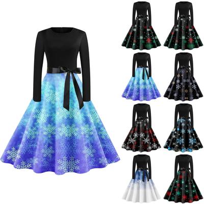 Женское винтажное классическое платье с воротником на талии и галстуком-бабочкой с длинными рукавами и рождественским принтом, с круглым вырезом, свободное платье