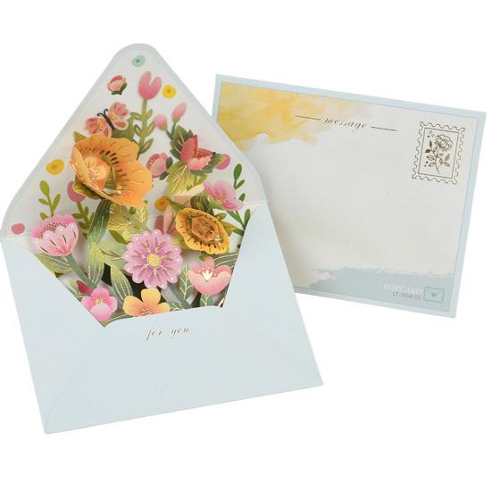 3D Fly-Out Greeting Card Multiple Colorful Flower Decor Greeting Card with Envelope Watercolor Painting