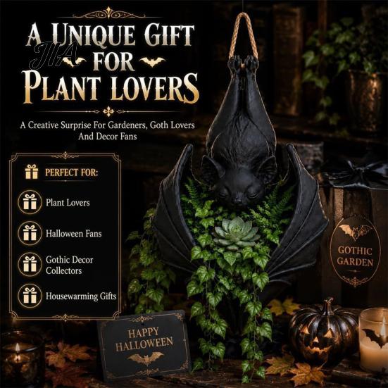 Spooky Home Porch Planter Hanging Bat Plant Pot, Gothic Resin Planter, Halloween Holiday Gift for Lovers Container Trailing Vines, Artificial Plants,