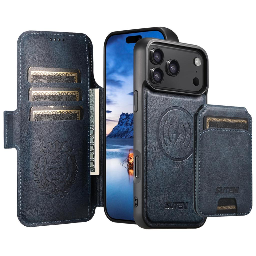 Кожаный чехол-книжка для iPhone 17 Pro Max со слотом для карт, магнитной застежкой и подставкой для беспроводной зарядки