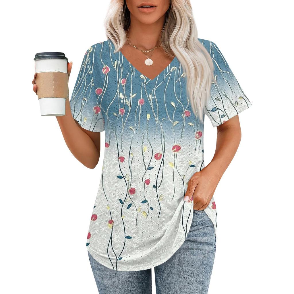 Womens T Shirts V Neck Short Sleeve Casual Tops Loose Fit Basic Tees With Curved Hem