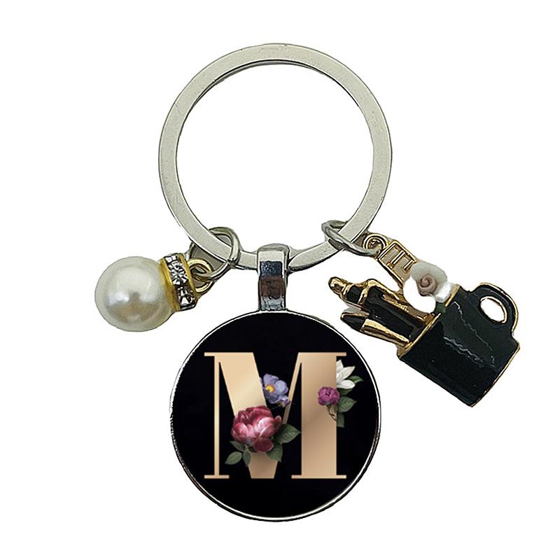 A-Z Letters Elegant Imitation Pearl Key Chain Charm Enamel 26 Letters Key Ring