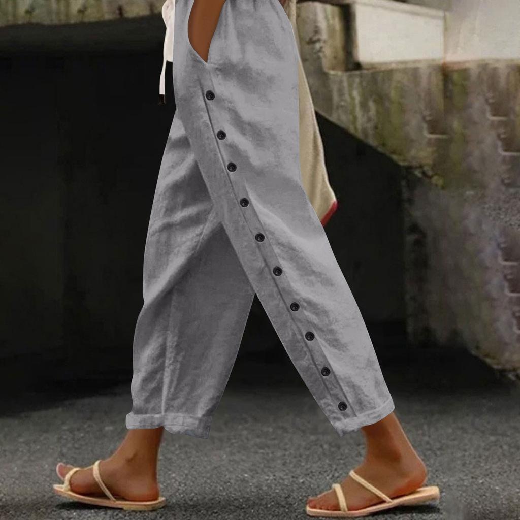 Women Casual Stripe Print Side Button Up Trendy Pants Baggy Elastic Waist Straight Leg Comfort Trousers With Pocket