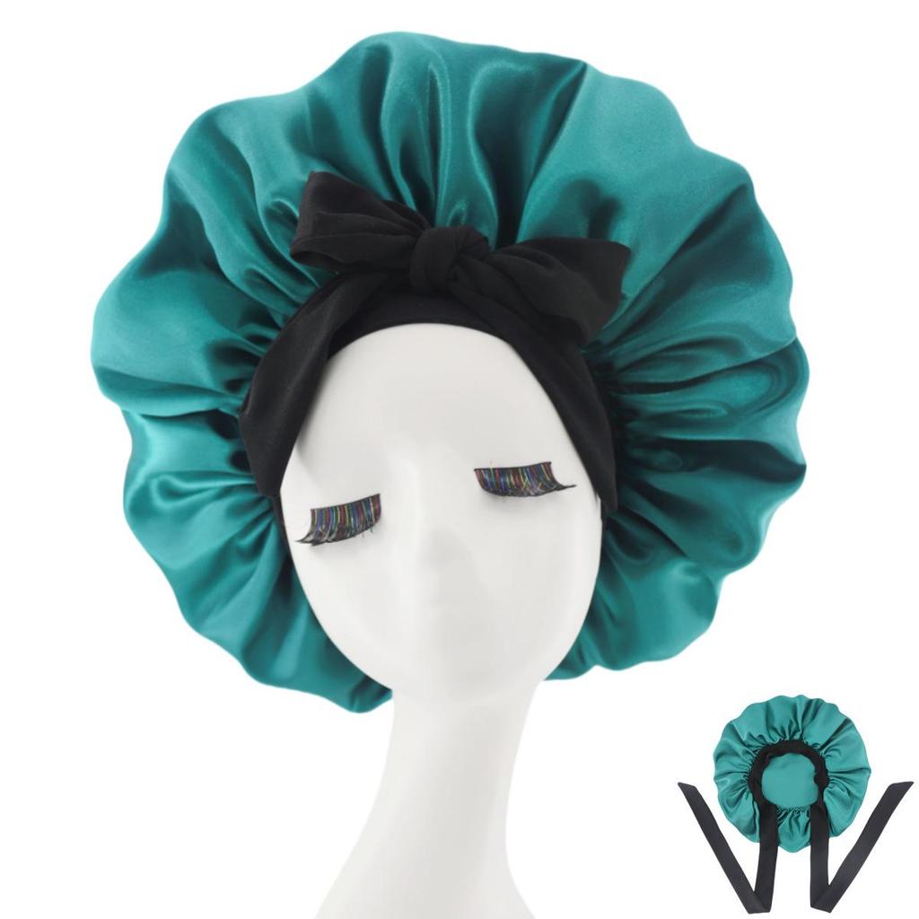 Silk Satin Sleep Cap with Ribbon Bow for Women - Elastic Wide Brim Bath Headscarf Hat for Hair Care
