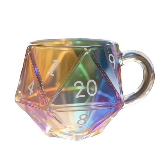 Rainbow D20 Dice Mug with Handle Colorful Polyhedral Glass Coffee Cup for Gamers Unique Gift for Tabletop RPG Fantasy Enthusiasts