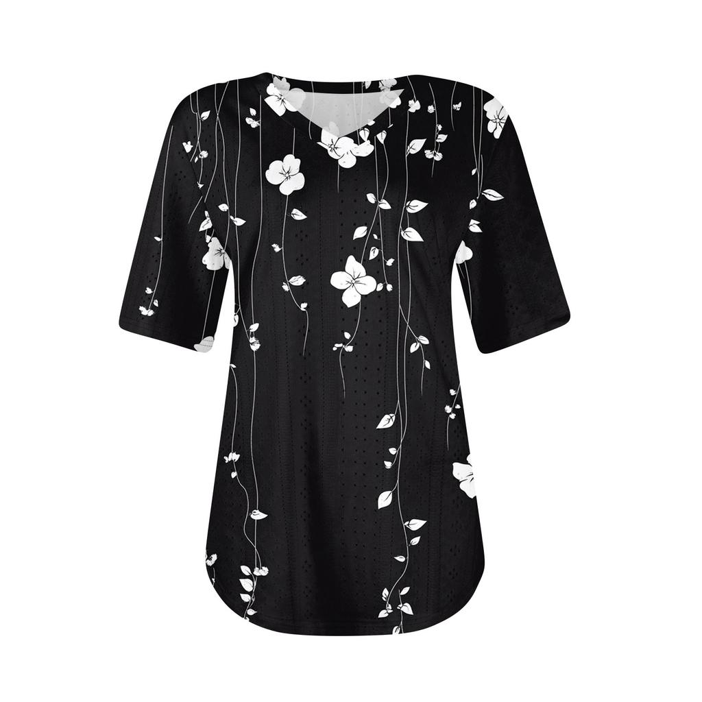 Womens T Shirts V Neck Short Sleeve Casual Tops Loose Fit Basic Tees With Curved Hem