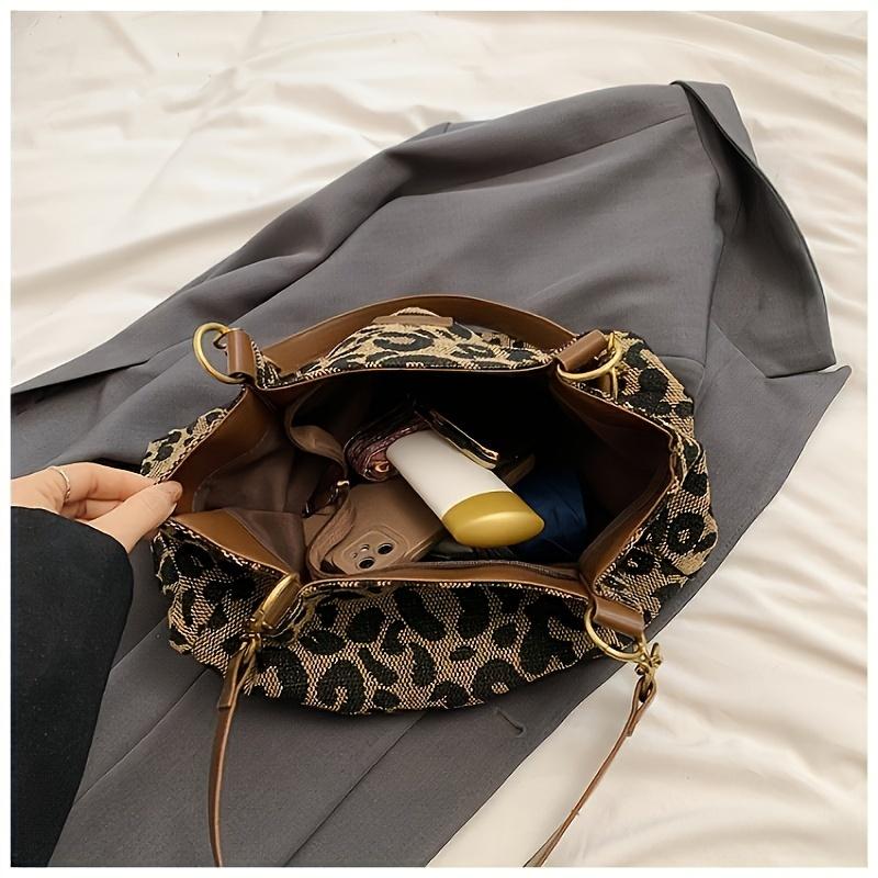 Стильная винтажная сумка-тоут из холста с леопардовым принтом для женщин - застежка-молния, фиксированный плечевой ремень, подкладка из полиэстера, модная сумочка и кошелек на выбор