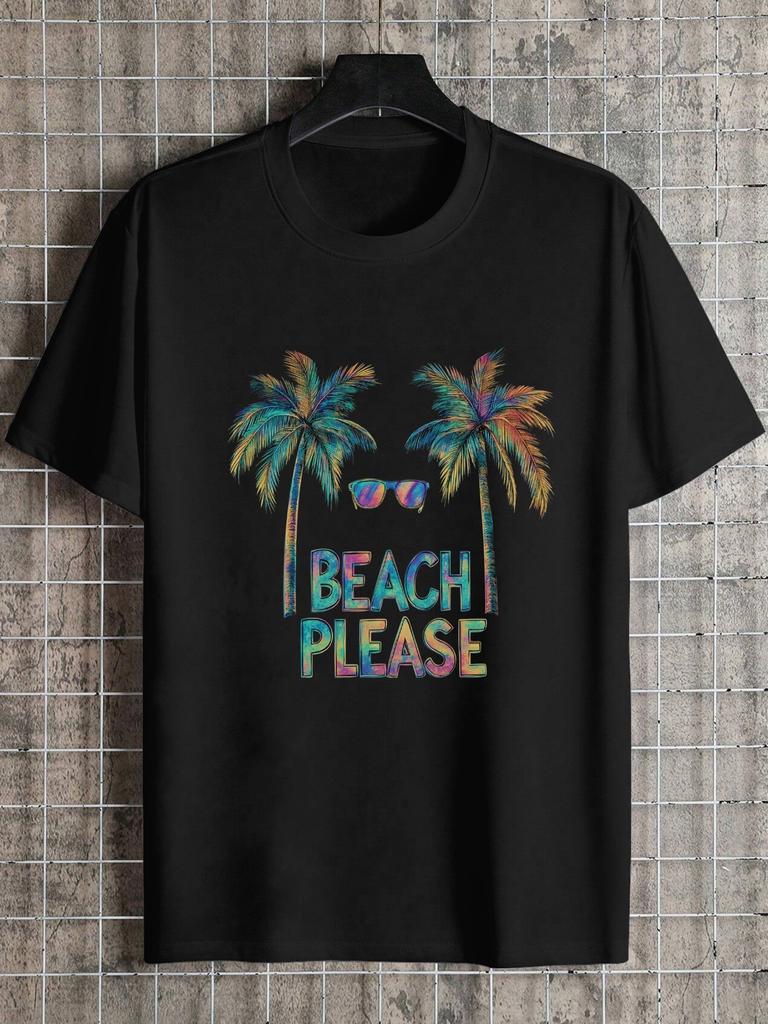 1pc Holographic Palm Tree Graphic T-shirt - 180g Cotton Crew Neck Short Sleeve Tee with Beach Please Print