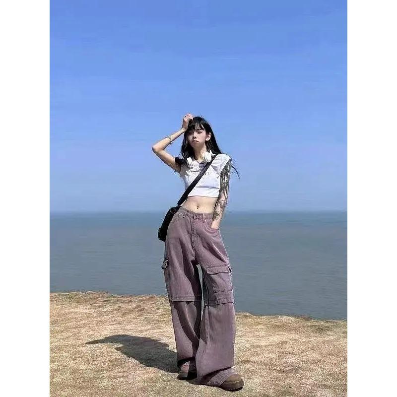 Большой размер, американская ретро-фиолетовая рабочая одежда, джинсы, женские осенние свободные широкие брюки с высокой талией для девочек, модные брюки-швабры