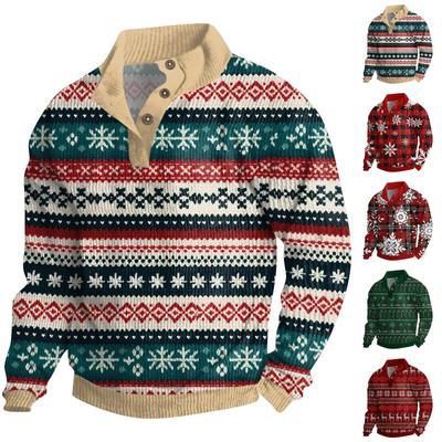Мужская рождественская хлопковая рубашка-пуловер с длинным рукавом для активного отдыха, винтажная вельветовая рубашка с воротником-стойкой и пуговицами, повседневная толстовка с рождественским принтом