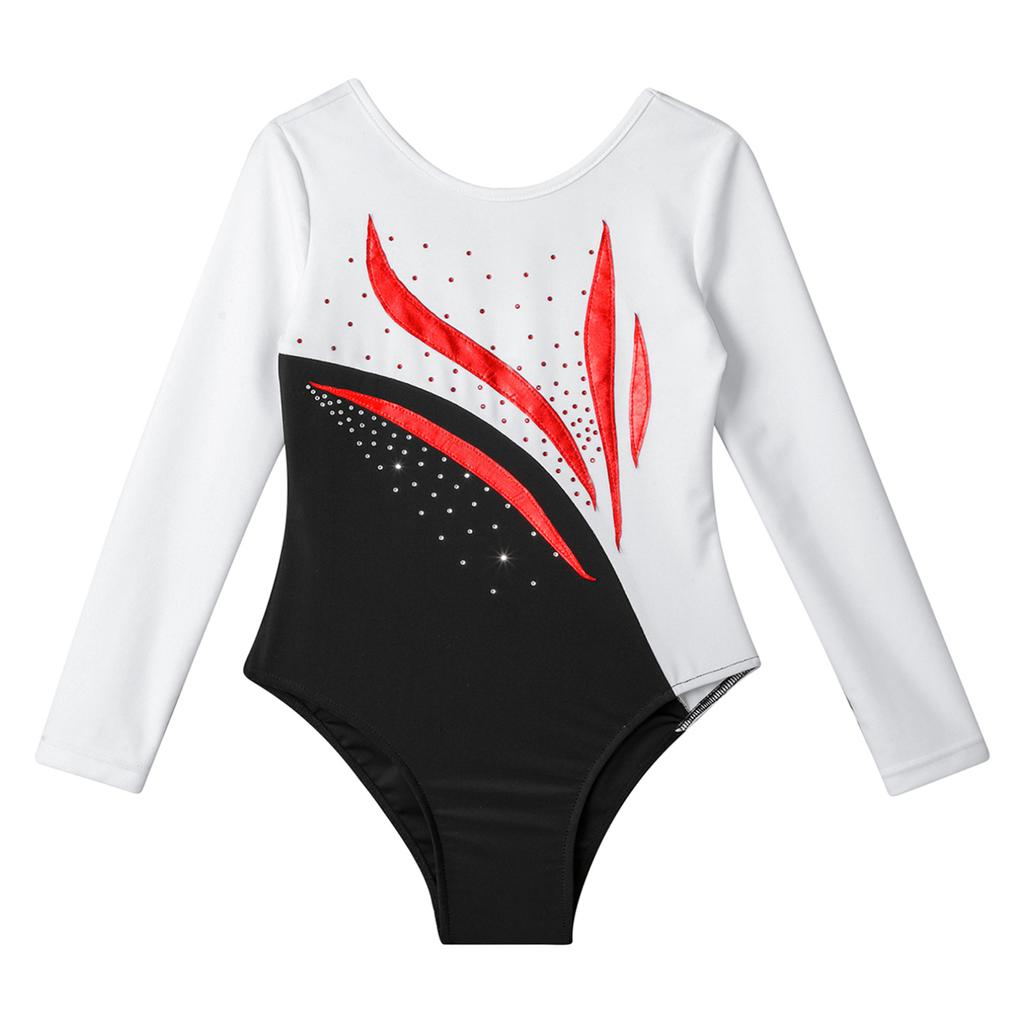 Children Girls Stylish Leotards Round Neckline Shiny Rhinestone Jumpsuit Gymnastics Skating Bodysuit