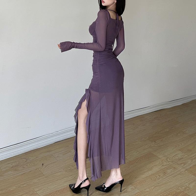 Winter Party Queen Purple Mature Sexy Beautiful Confident Elegant Graceful Women'S Translucent Thin Straight Dress