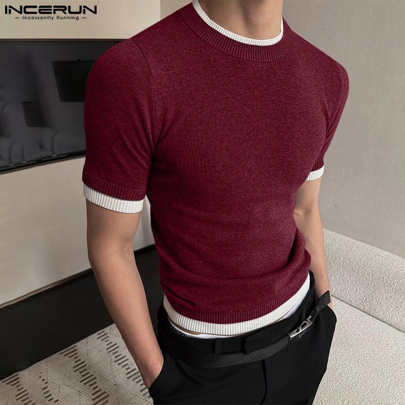 INCERUN Летние мужские футболки с коротким рукавом и круглым вырезом, с резинкой, скинни