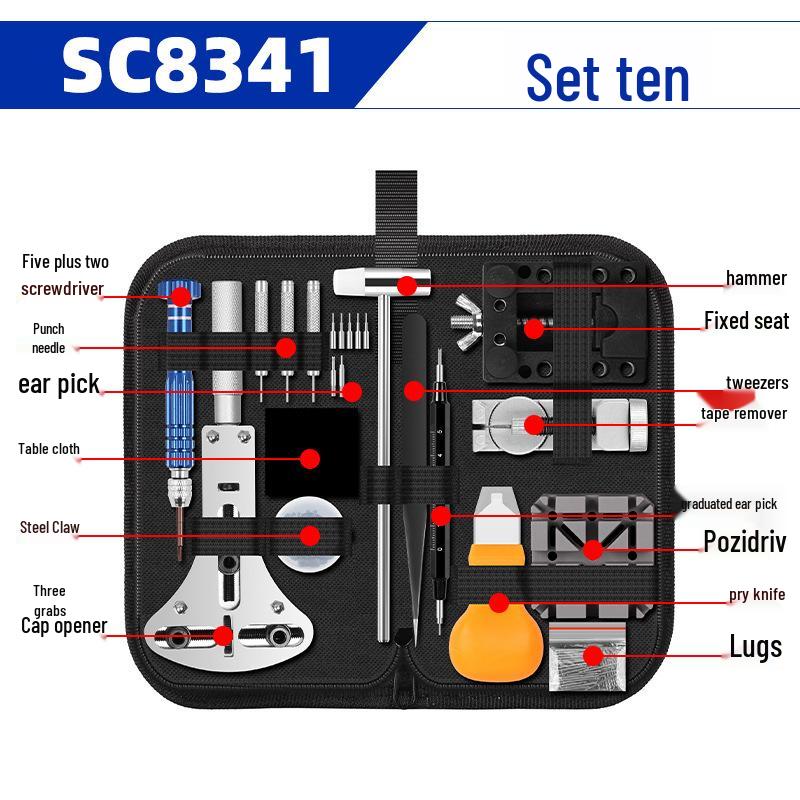 Набор инструментов для ремонта механических часов: снятие корпуса, ремешка, регулировка звеньев и замена батарейки.