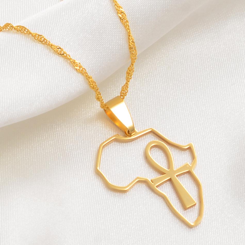 Anniyo Africa Map & Ankh Pendant Necklace Women Girl Gold Color Jewelry African Maps Chains Egyptian Symbol Cross #121521