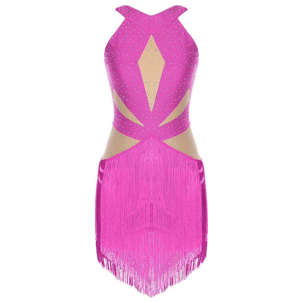 Womens Latin Tango Dance Leotard Allover Rhinestones Backless Tiered Tassel Contrast Color Bodysuit Performance Jumpsuit