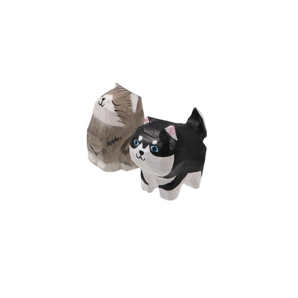 Mini Cat Dog Statues Painted Small Animal Dolls Desktop Accessories Wooden Animal Figurine Home