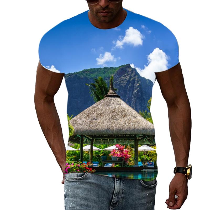 Летние удобные мужские футболки с принтом природного пейзажа, модные футболки с графическим принтом пейзажа, футболки с коротким рукавом и рисунком пляжа и моря, топы