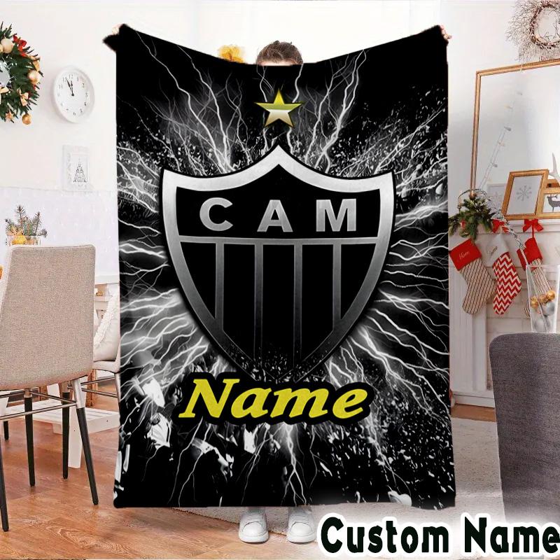Custom Name Atletico Football Emblem Throws Blanket Flannel Blankets for Couch Bed Gifts for Men Women Picnic blanket Christmas fan gifts
