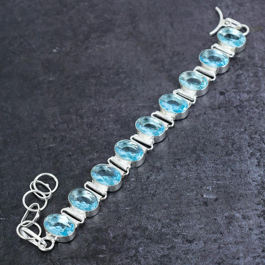 Браслет из стерлингового серебра 925 пробы с натуральным швейцарским голубым топазом 7-8 дюймов f9n49