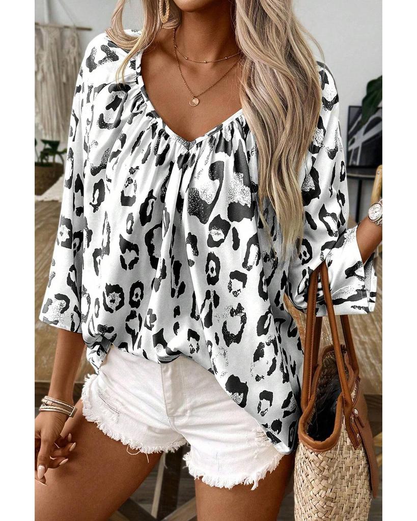 Azura Exchange Черная блузка с леопардовым принтом, V-образным вырезом и рукавами 3/4