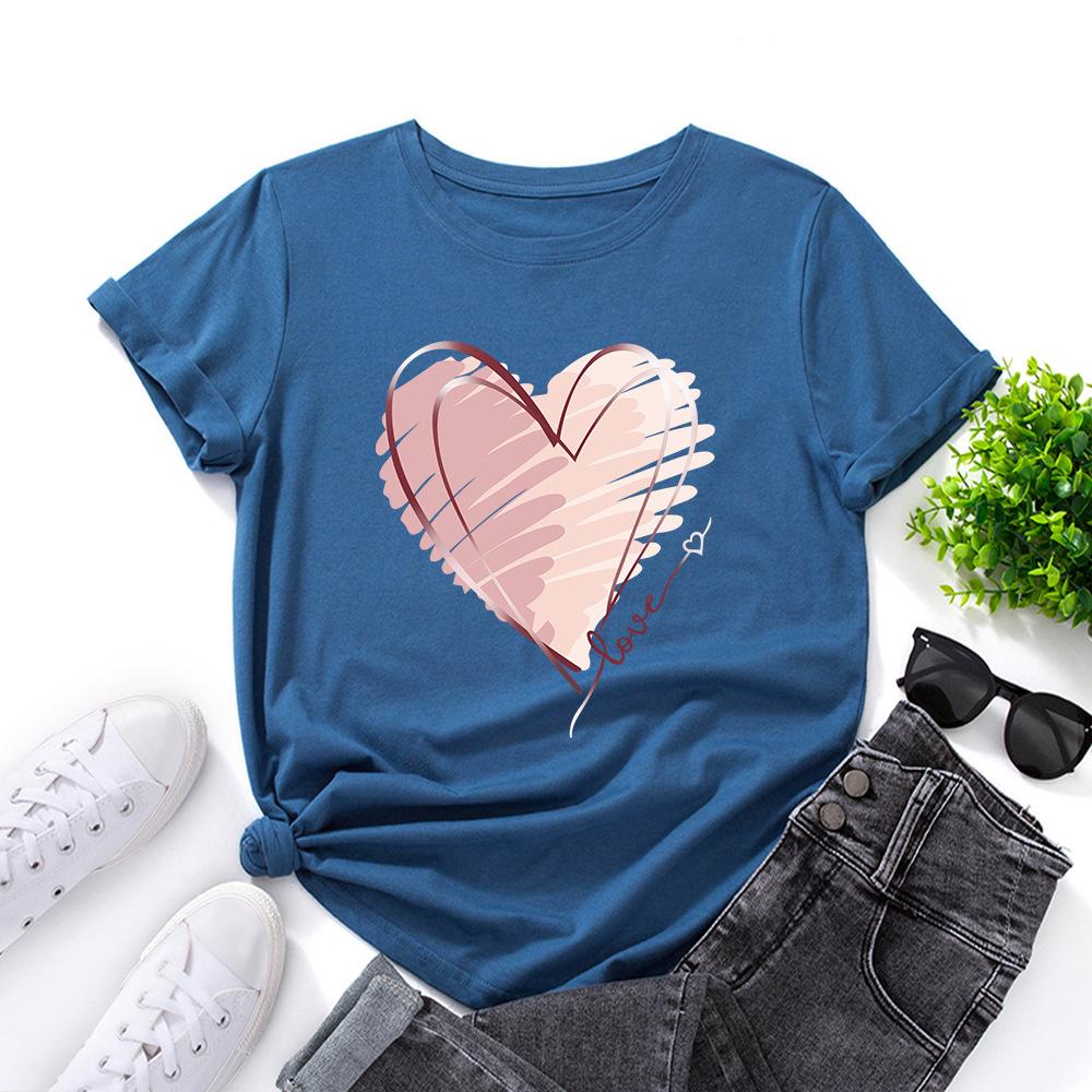 Модная хлопковая футболка с сердцем, с коротким рукавом, с круглым вырезом, женская, с 2D-принтом, топы