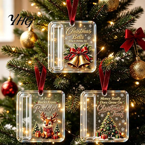 Reusable Acrylic Gift Holder 3 Pcs Christmas Cash Ornament, Money for Cash, Clear Tree Ornaments Xmas Hanging Decoration, Holiday Gifts Stocking