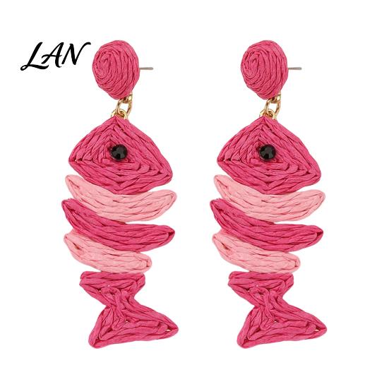 Raffia Earrings 1 Pair Boho for Women, Handmade Rattan Fish Shape Summer Vacation Jewelry Earrings, Bohemian Straw Drop Dangle Tropical Beach
