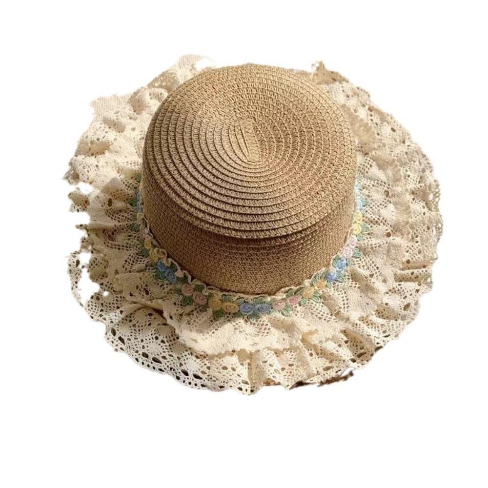 Flat Top Lace Floral Brim Cap Japanese Style Women's Sun Hat Simple Straw Woven Top Hat  Beach