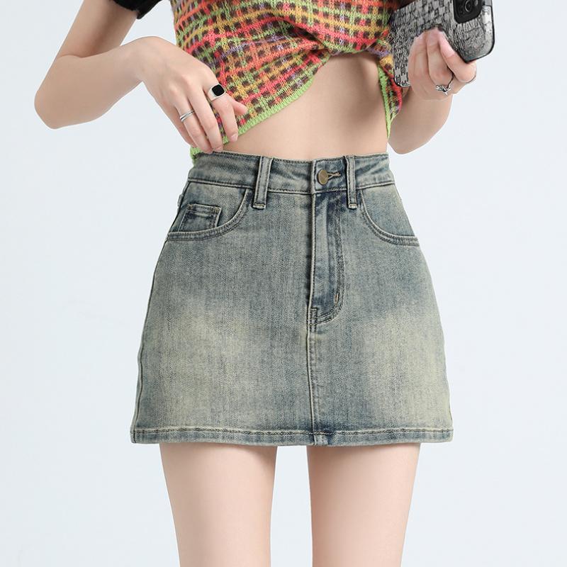 Джинсовая короткая юбка в стиле ретро, ​​женская летняя короткая юбка для похудения с высокой талией, антибликовая юбка трапециевидной формы с запахом на бедрах