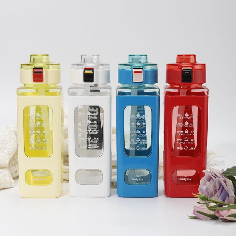 Square Plastic Water Bottle With Handle, Modern Simple Style, Portable Sports Bottle With Straw, 700ml