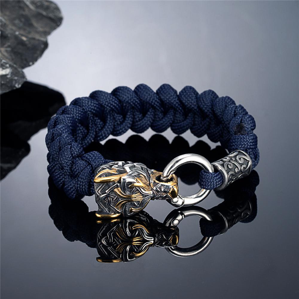 Outdoor Norse Mythology Odins Wolf Bracelet Men Stainless Steel Braided Paracord Rope Wristband Viking Runes Celtic Knot Jewelry
