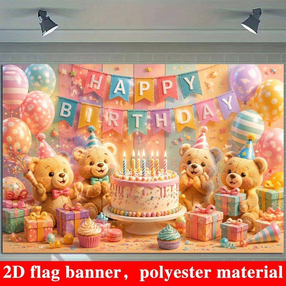 2D Flat Banner, Bear Birthday Party Backdrop, Bear, Cake, Balloons, Gift Box, Polyester