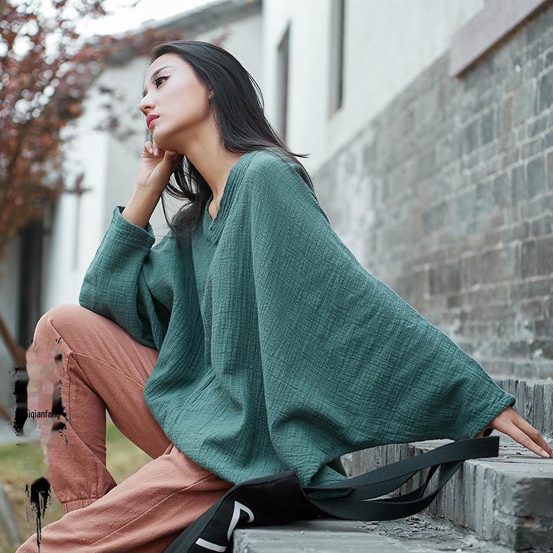 2025 Spring/Summer Women's Chinese Retro Slimming V-Neck Cotton/Linen Bat Sleeve T-Shirt