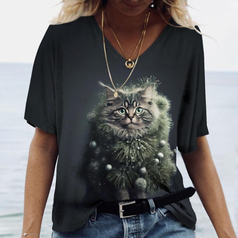 Женская футболка Kawaii Cat Print 3D футболка Топ для девочек Y2k Одежда Летние футболки с короткими рукавами с v-образным вырезом Повседневная праздничная женская футболка