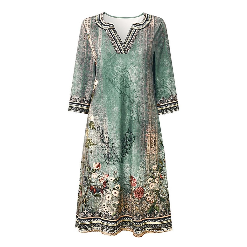 Платья для женщин. Винтажное платье-туника с принтом и талией. Летнее повседневное платье с половиной рукавов.