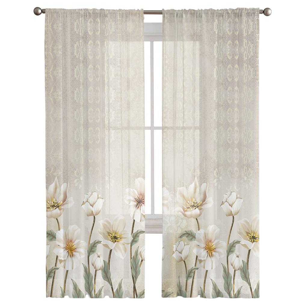 Vintage Background Flowers Sheer Curtains For Living Room Bedroom Kids Room Tulle Window Treatment Drapes
