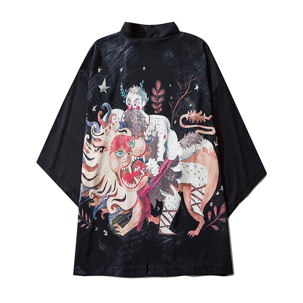 Men's Casual Loose Open Front 3/4 Sleeve Japanese Style Print Cover Up Cardigan