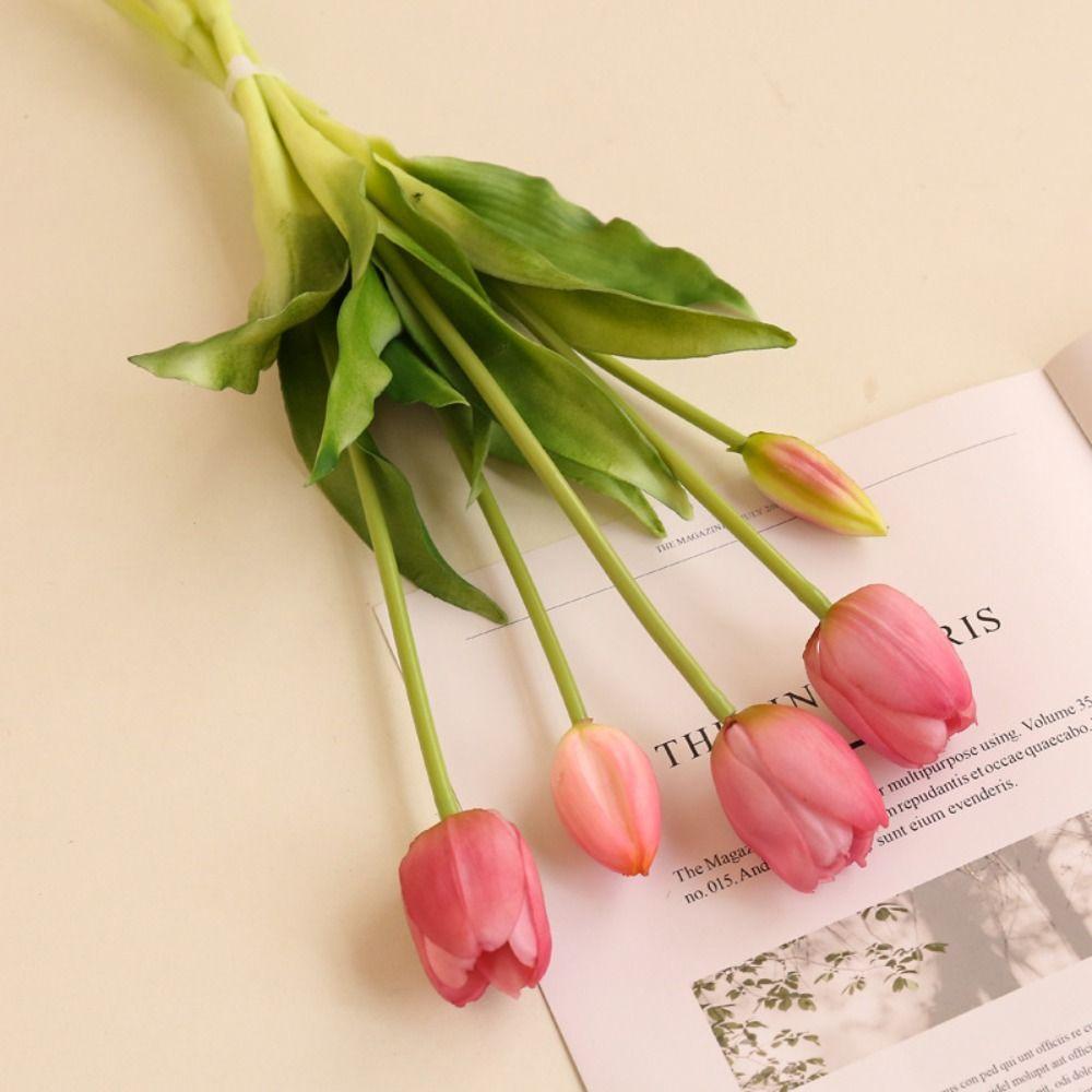 Real Touch Fake Flower 5 Heads Artificial Flower Realistic Tulips Bouquet