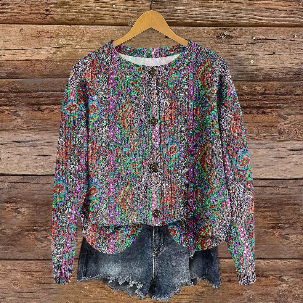 Women's Vintage Knit Button Vintage Print Cardigan Jacket