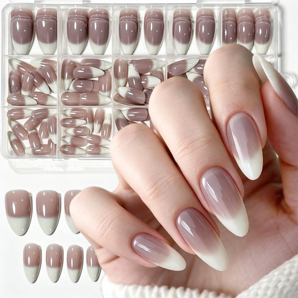 150pcs Glossy Ombre White French Tip Press On Nails Medium Almond Gradient French Fake Nails Full Cover Reusable False Nails D%5