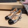 2025 New Tweed Patchwork Mary Jane Shoes for Women - Chic Pearl Embellished Chunky Heel High-Heel Single Shoes
