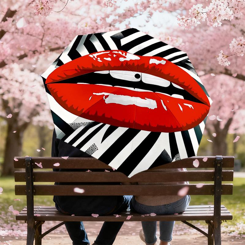 1pc Lips Stripes Automatic Open/Close Umbrella with Windproof, 8-Rib Sturdy Canopy, Durable Ribs, Fashionable Design1209A