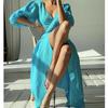 Pleated Puff Sleeve Split Sexy Party Dress Women V-Neck Elegant Solid Summer Dresses Casual Lace-up Long Dress Vestidos 27998