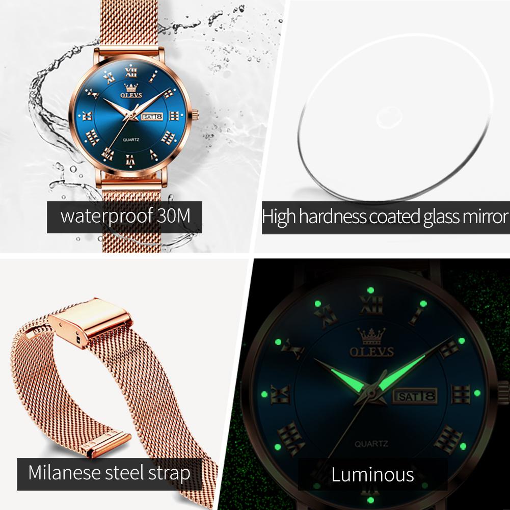 OLEVS Rome Time Quartz Watch Women Rose Gold Blue Ladies Bracelet Watches Female Clock Relogio Feminino Montre Femme