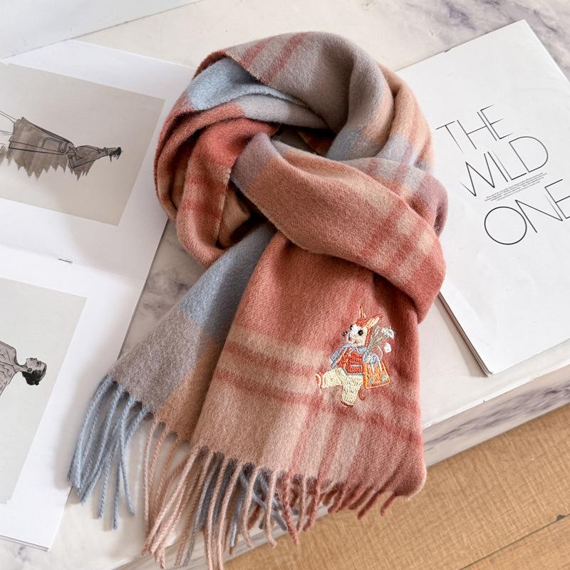 New Year's pony simple three-dimensional embroidery couple's thickened scarf men's and women's pure plaid scarf gifts