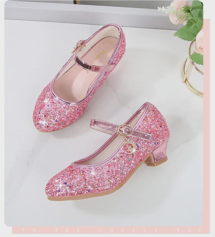 2025 Spring Girls' Rhinestone Sequin Princess Shoes - Solid Color Strap Buckle for Children's Performances