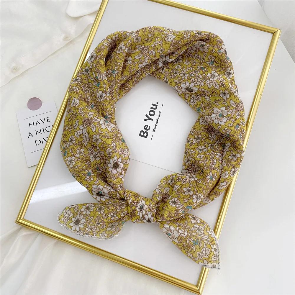 Floral Print Neckerchief Small Hijab Scarfs Women Fashion Handkerchief Neck Scarf Shawls Cotton Blends Korean Hair Scarves 58CM