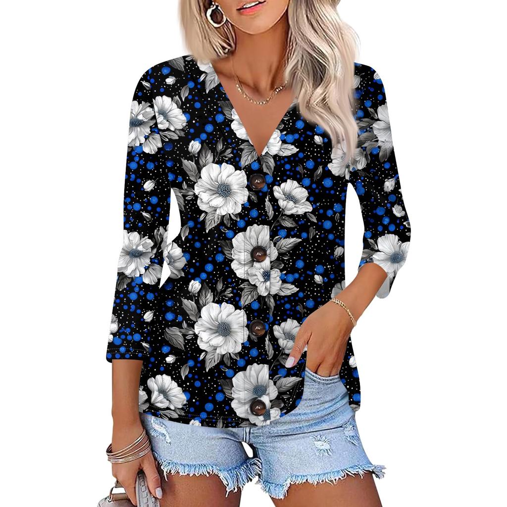 Women's Fashion Casual Print Button-down Shirt 3/4 Long Sleeve Tops